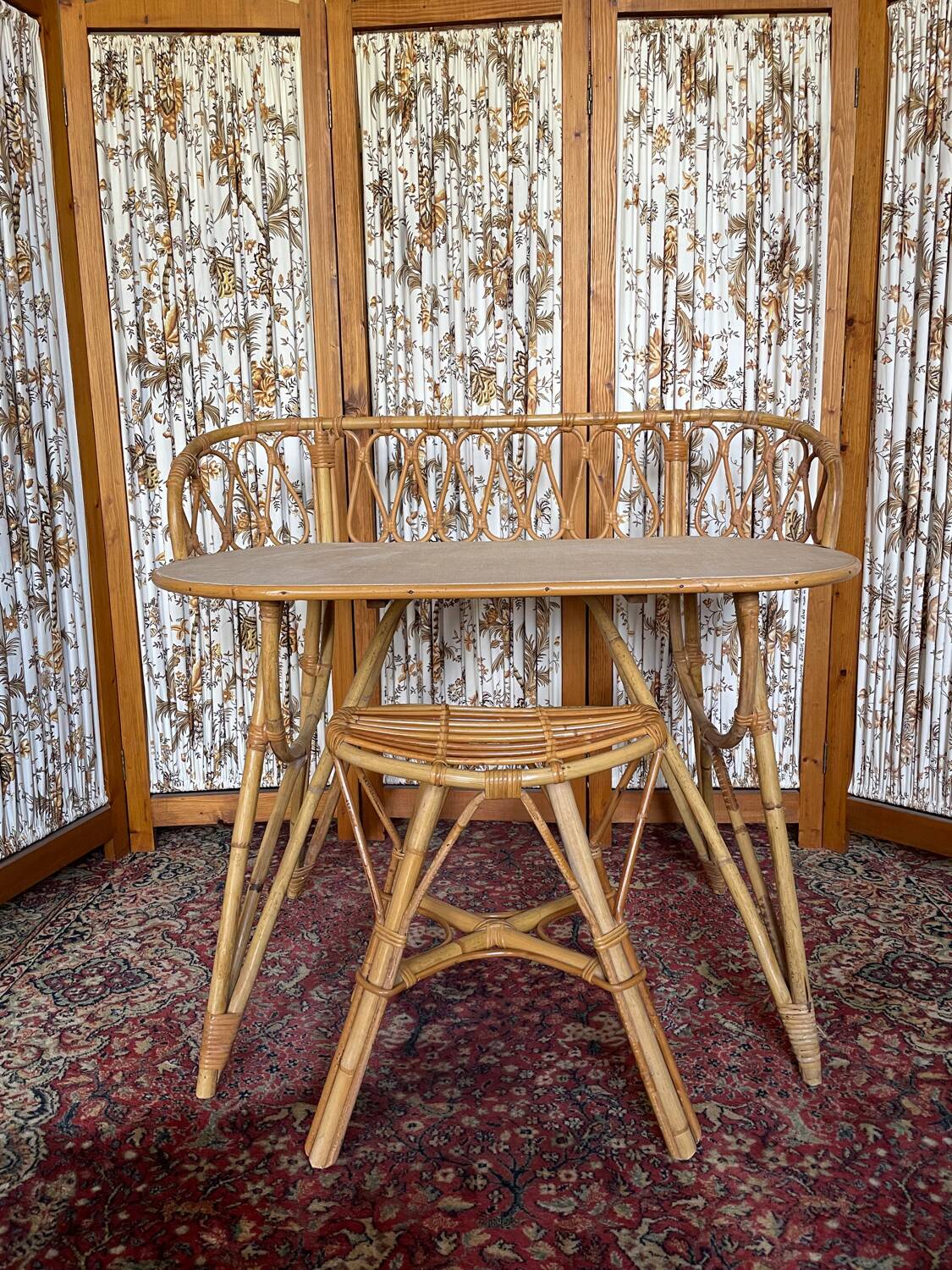 Bureau et tabouret en rotin, 1960