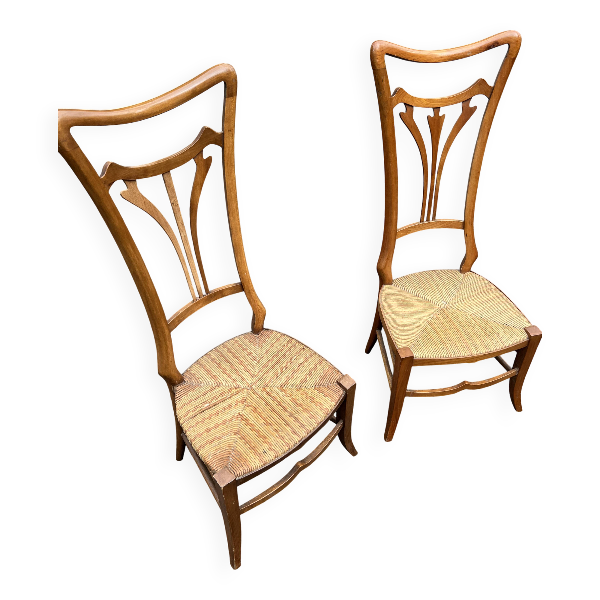 Pair of Vintage Art Nouveau Chairs in Light Wood and Woven Straw Seat