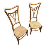 Paire de Chaises Vintage Art Nouveau en Bois Clair et Assise Paille Tressée