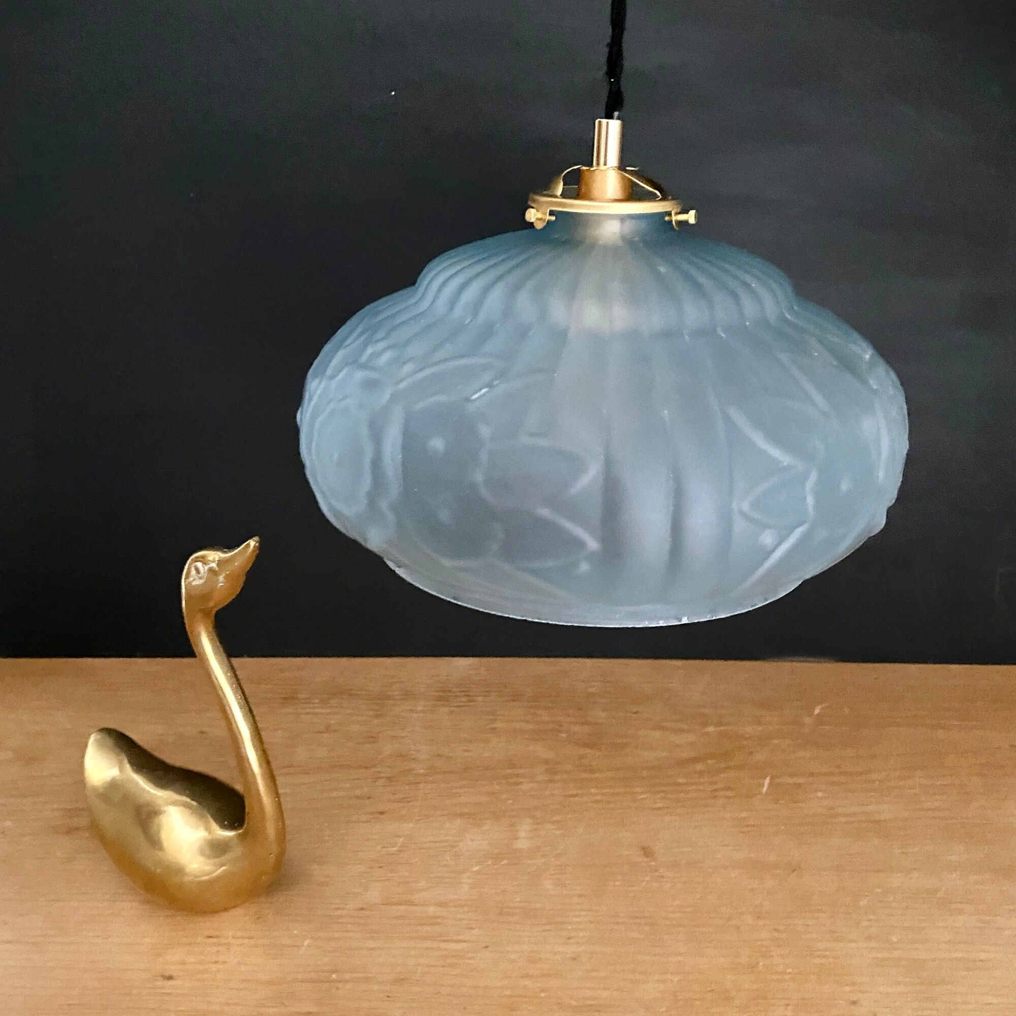 Vintage art deco lampshade pendant lamp in blue frosted glass