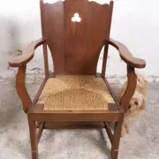 Pair of brutalist oak lounge chairs with rush seats – Netherlands