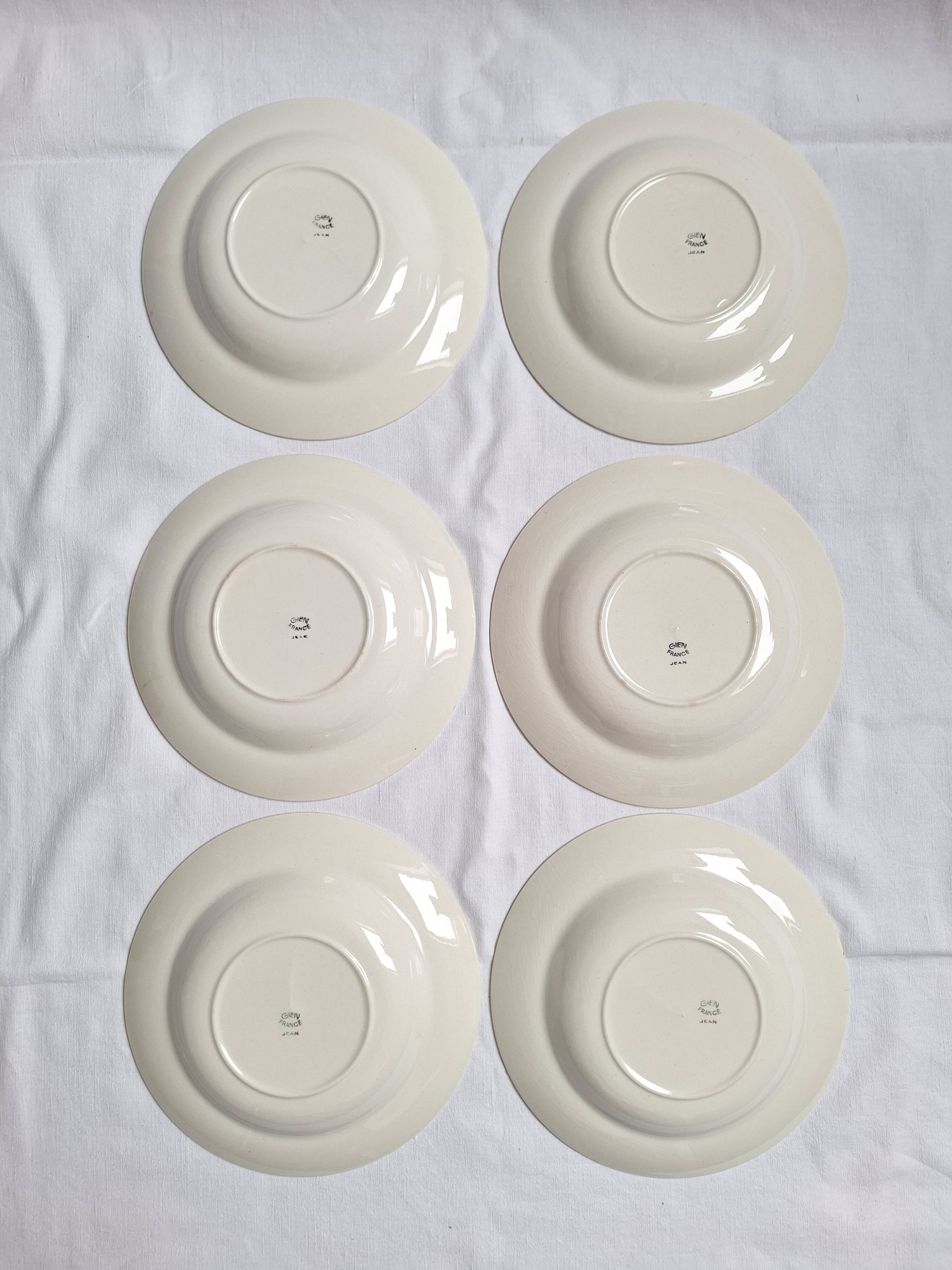 6 Assiettes creuses Gien modèle Jean vintage