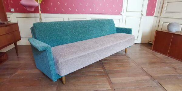 Canapé convertible daybed années 50 60 tissus teddy bi color Turquoise et beige