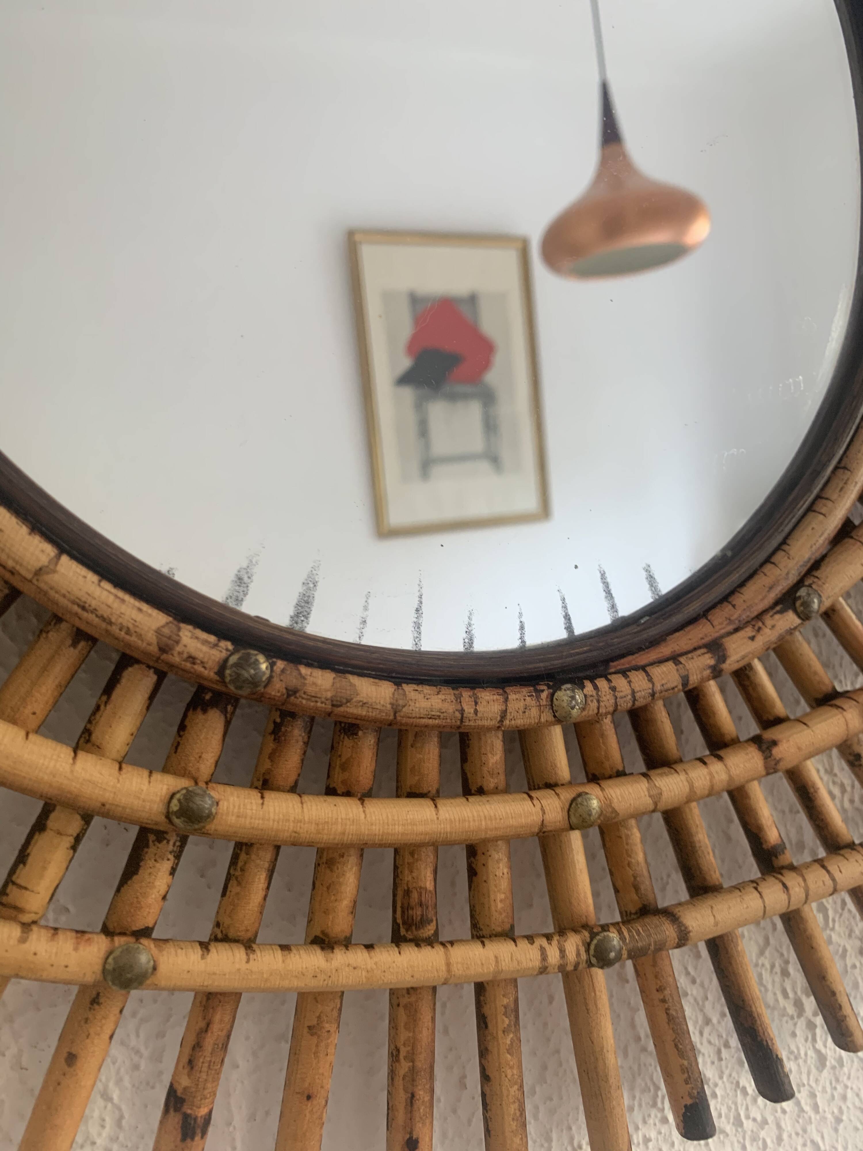 Miroir vintage 1960 soleil rotin style ORTF - 83 x 65 cm