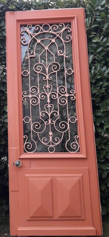 Entrance door 264x99cm old walnut oak wrought iron grille glass panel
