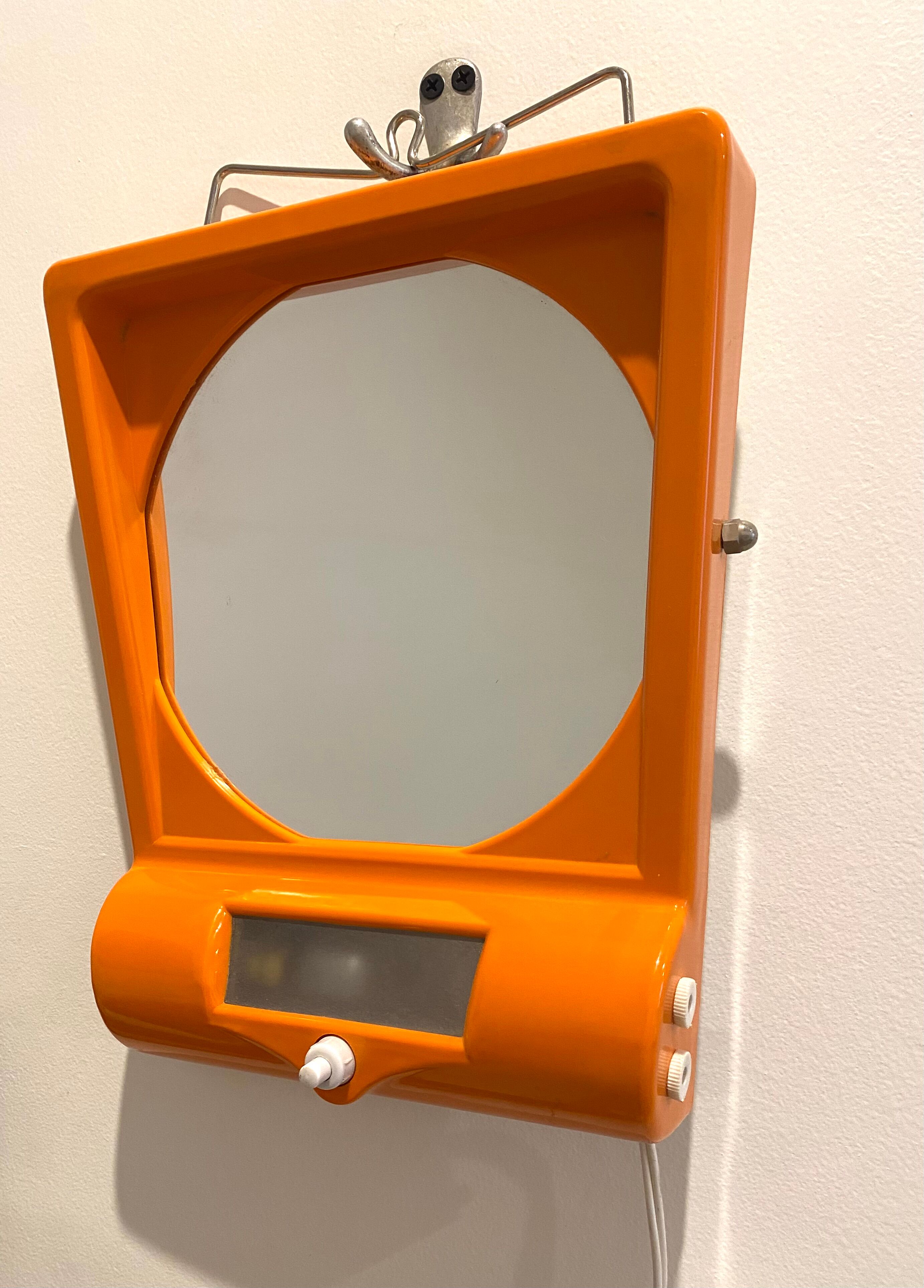 Orange table mirror or magnifying wall with lighting, 70s