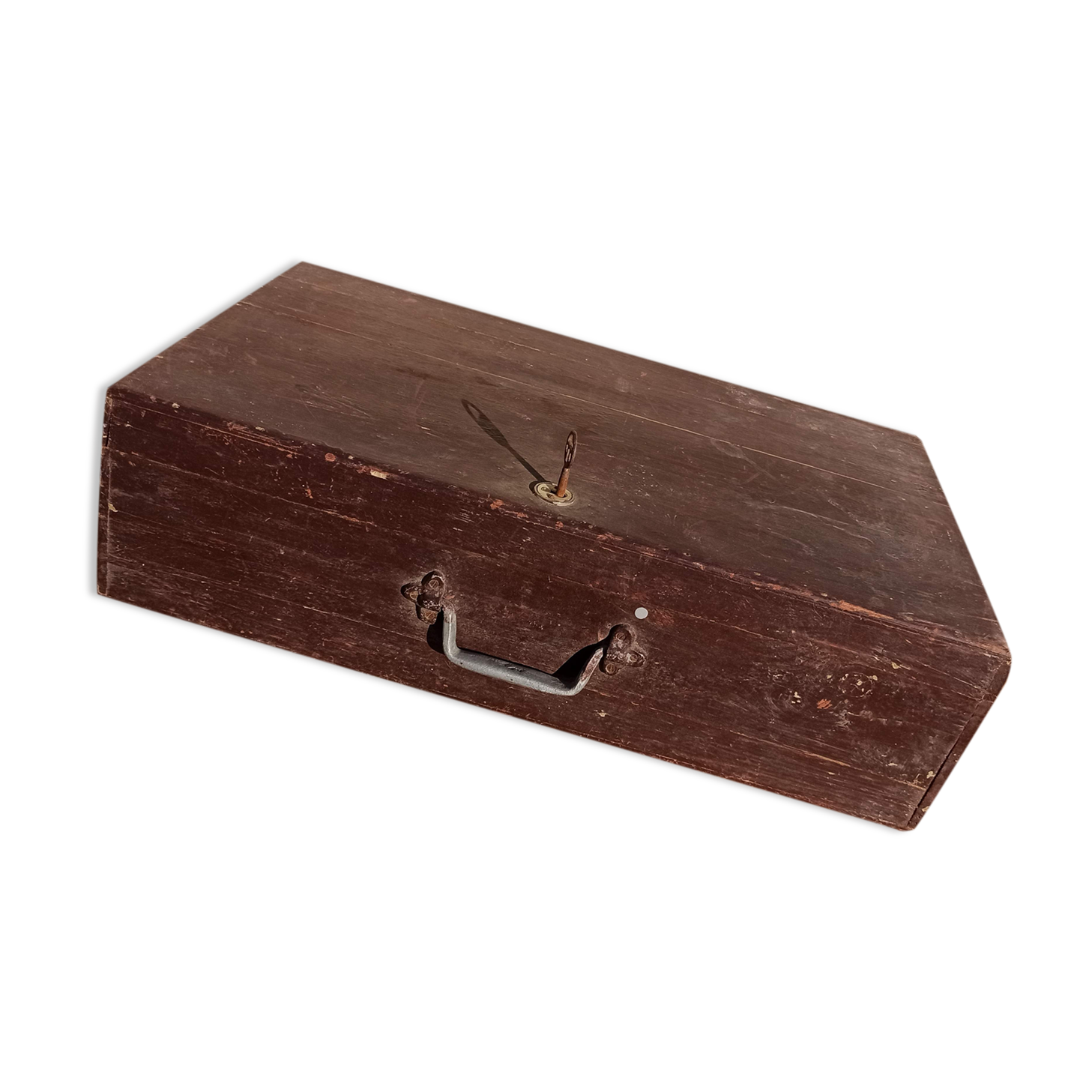 Antique wooden suitcase with lock and key