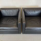 Pair of Black Leather Cube Club-Chairs by Charles Pfister for Knoll, 1980s