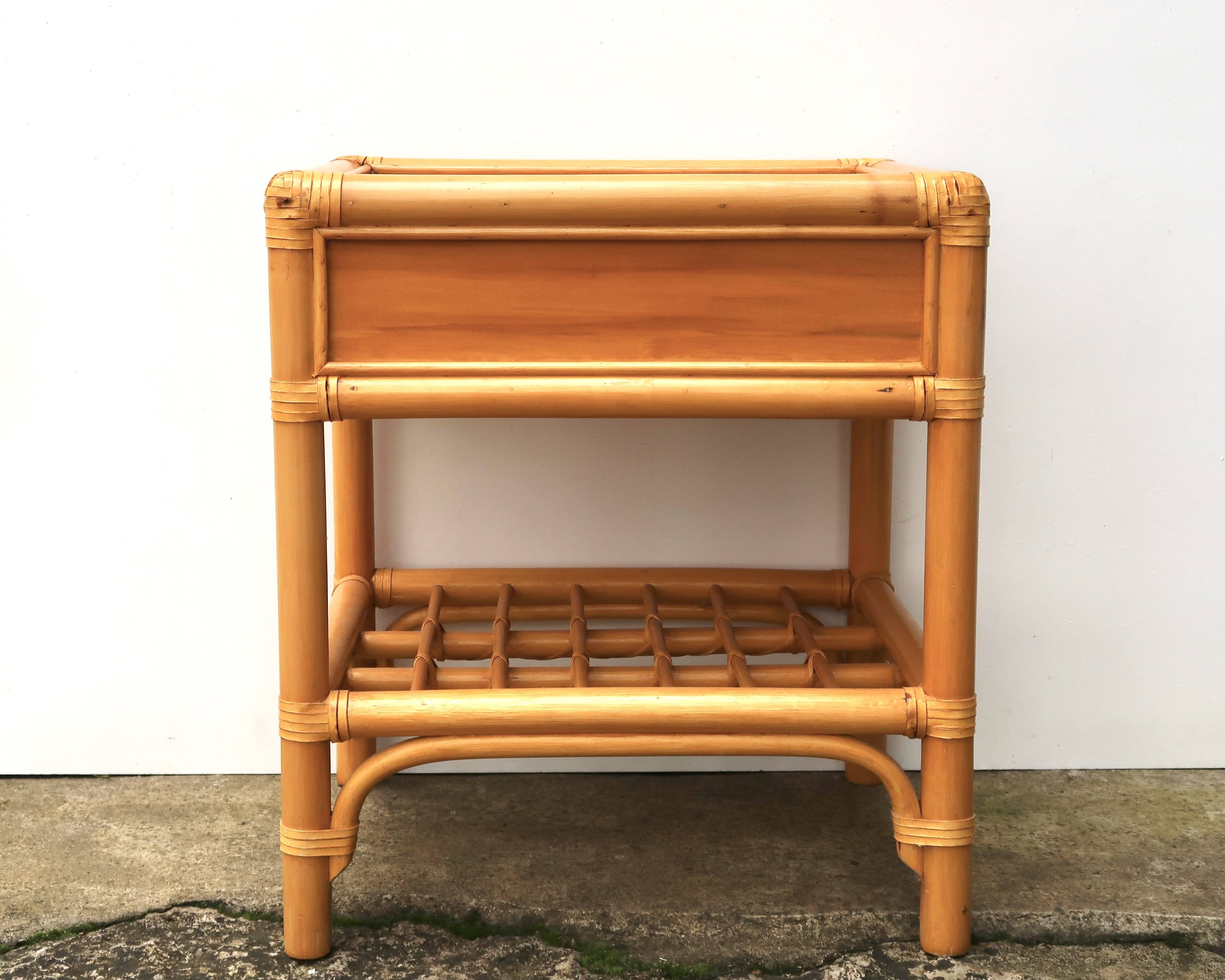 Bedside or side table in wood, bamboo and rattan, 1970s