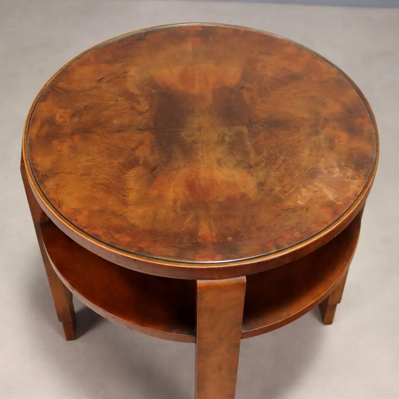 Table basse Art déco ancienne en noyer avec plateau en verre, Italie, XXe siècle