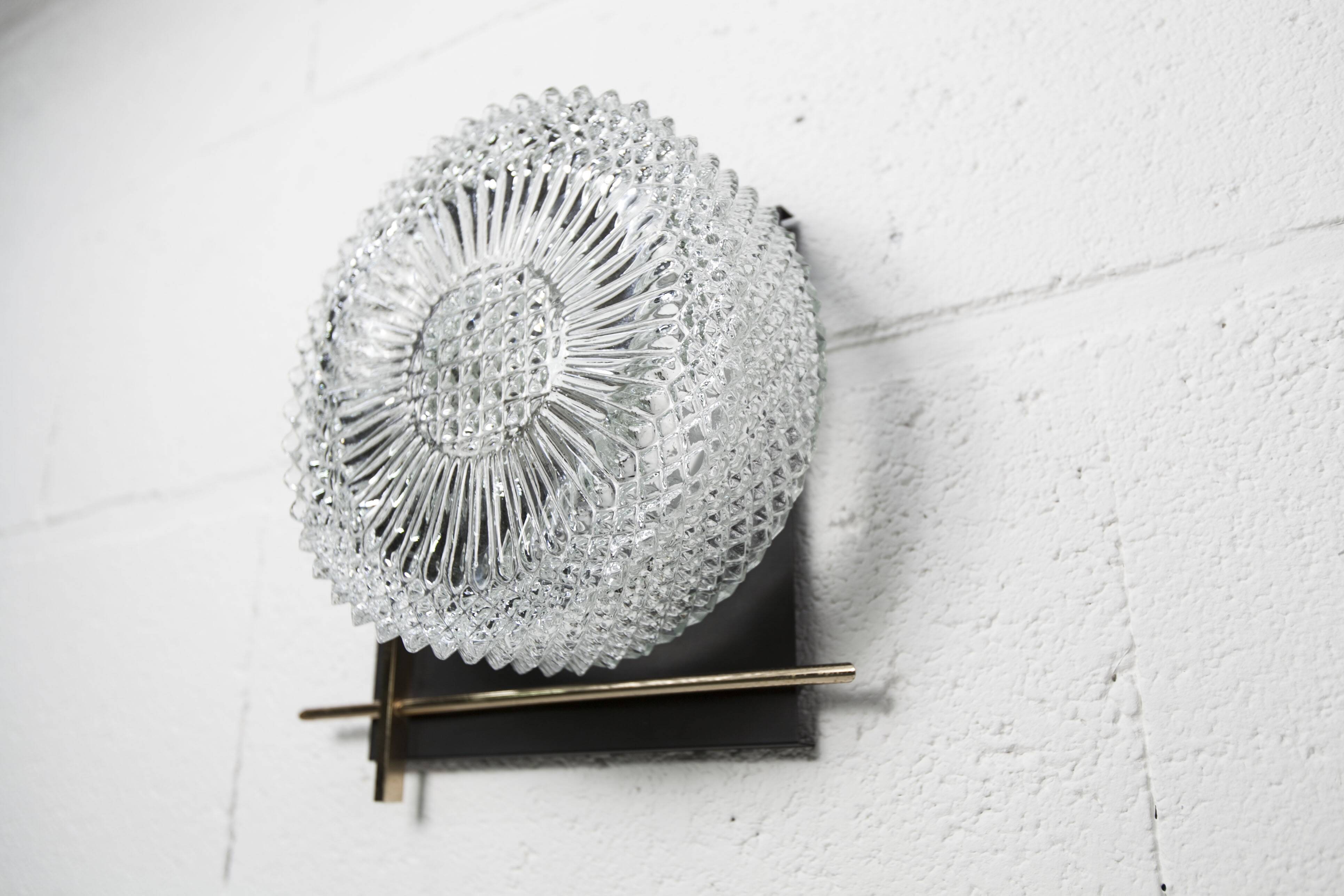 1960 wall light, black metal glass and gold brass rods