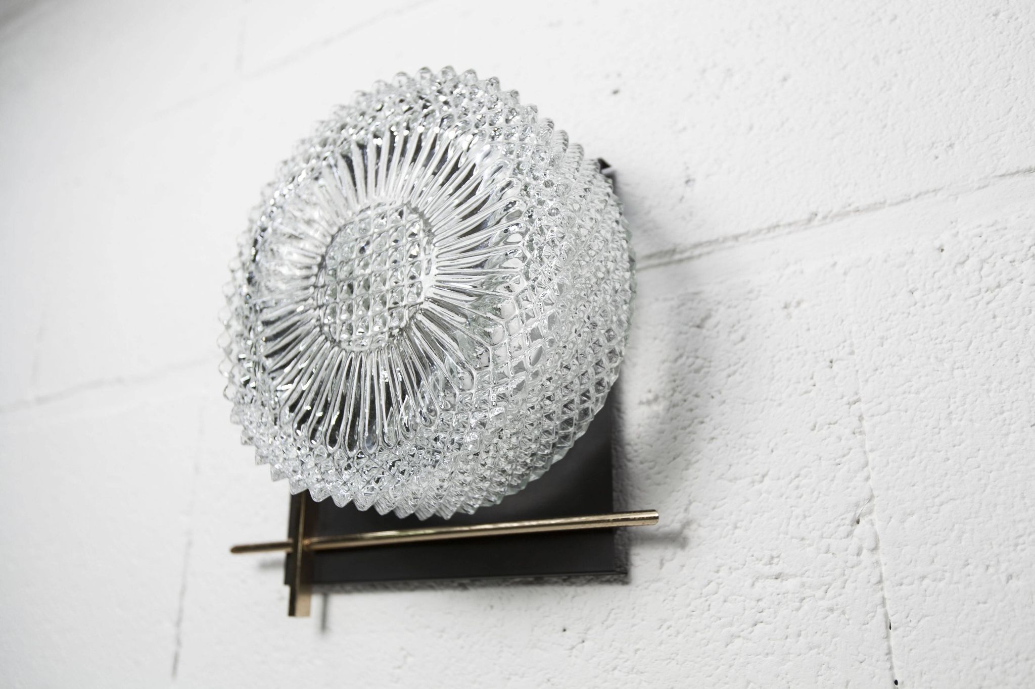1960 wall light, black metal glass and gold brass rods