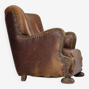 Années 1950-60, fauteuil relax danois, état d'origine, cuir, bois de chêne.