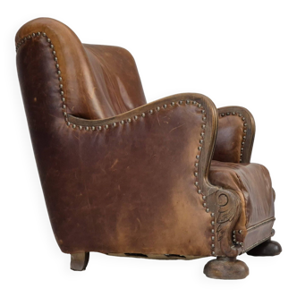 Années 1950-60, fauteuil relax danois, état d'origine, cuir, bois de chêne.