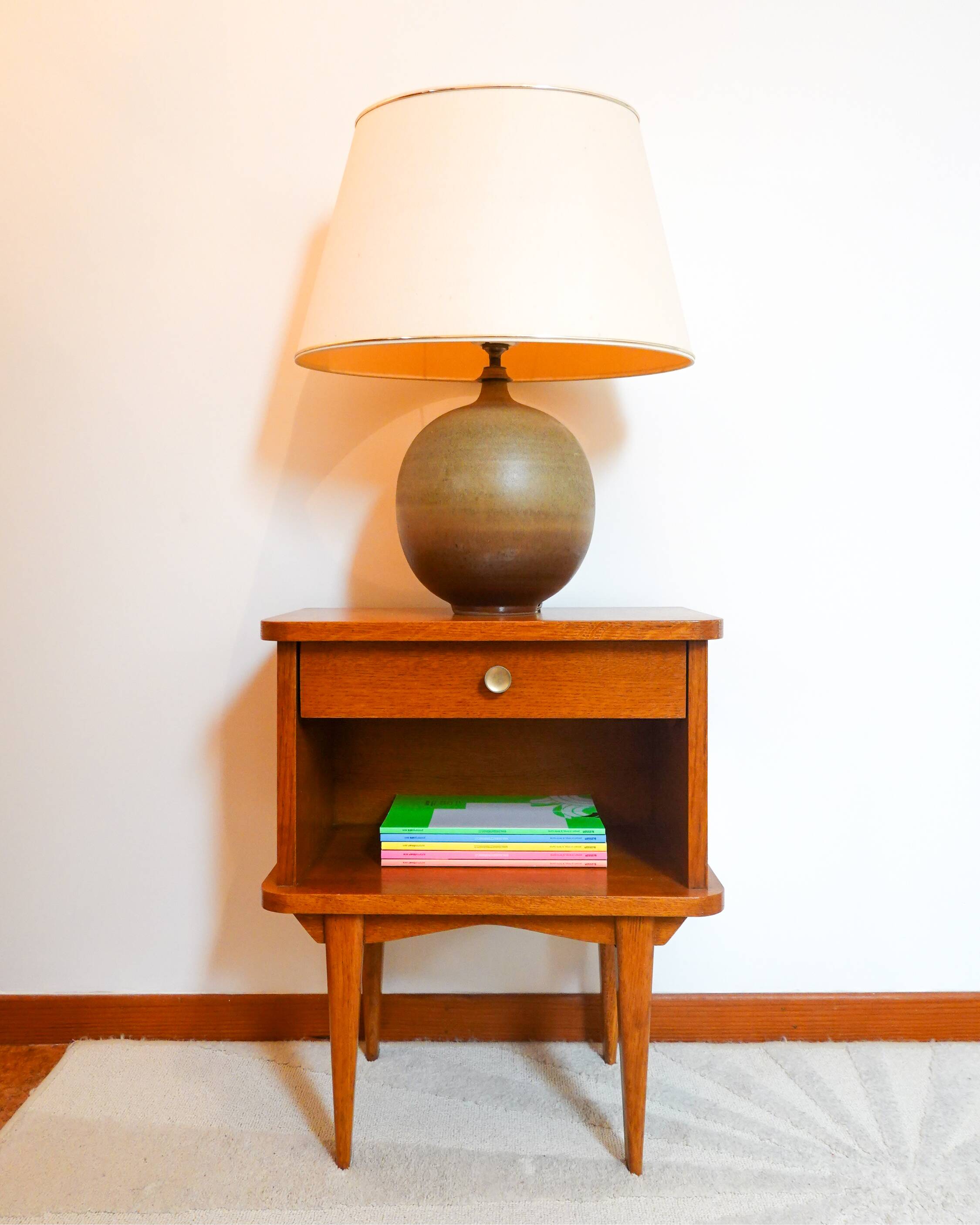 Scandinavian bedside table with compass legs in oak from the 50s and 60s