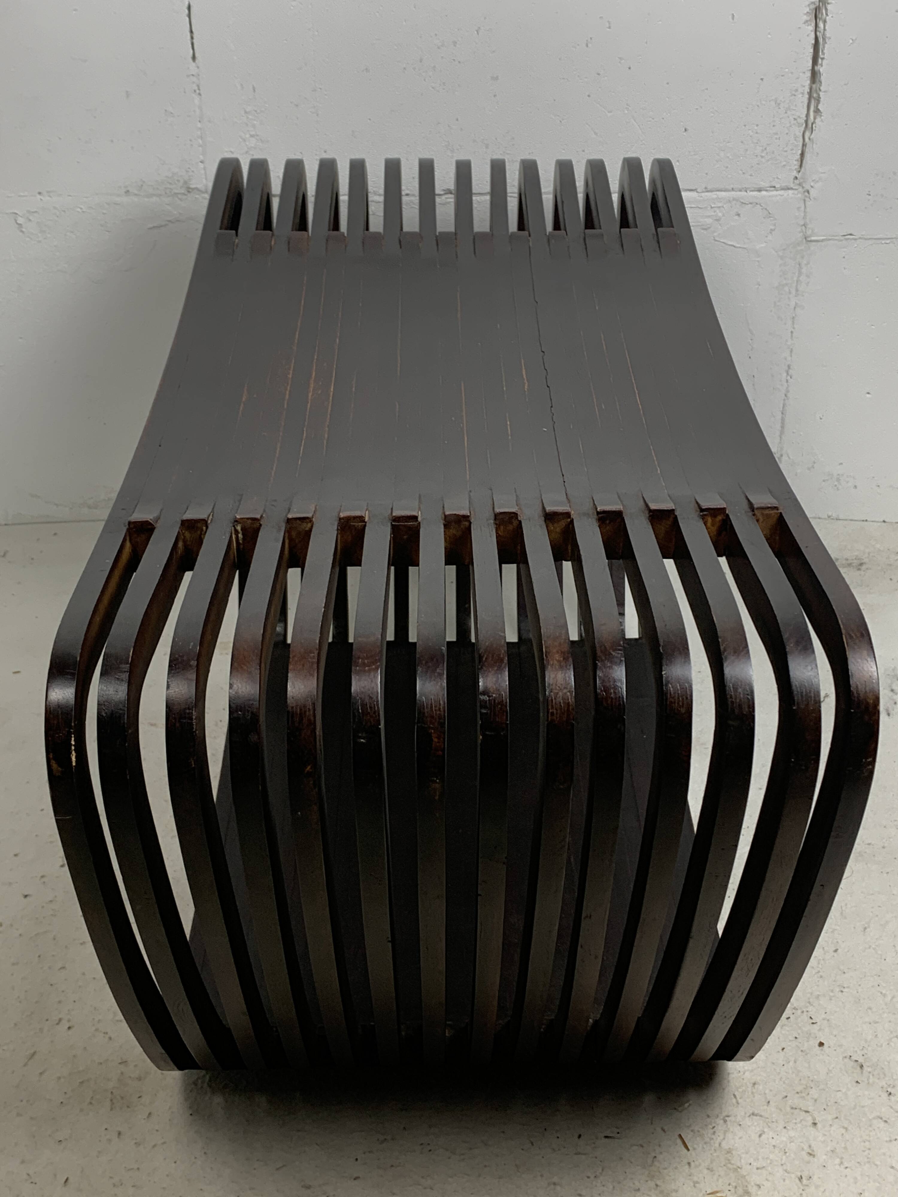 Post modern Dutch slatted wooden wavy curvy bench or  coffee table, 1970s