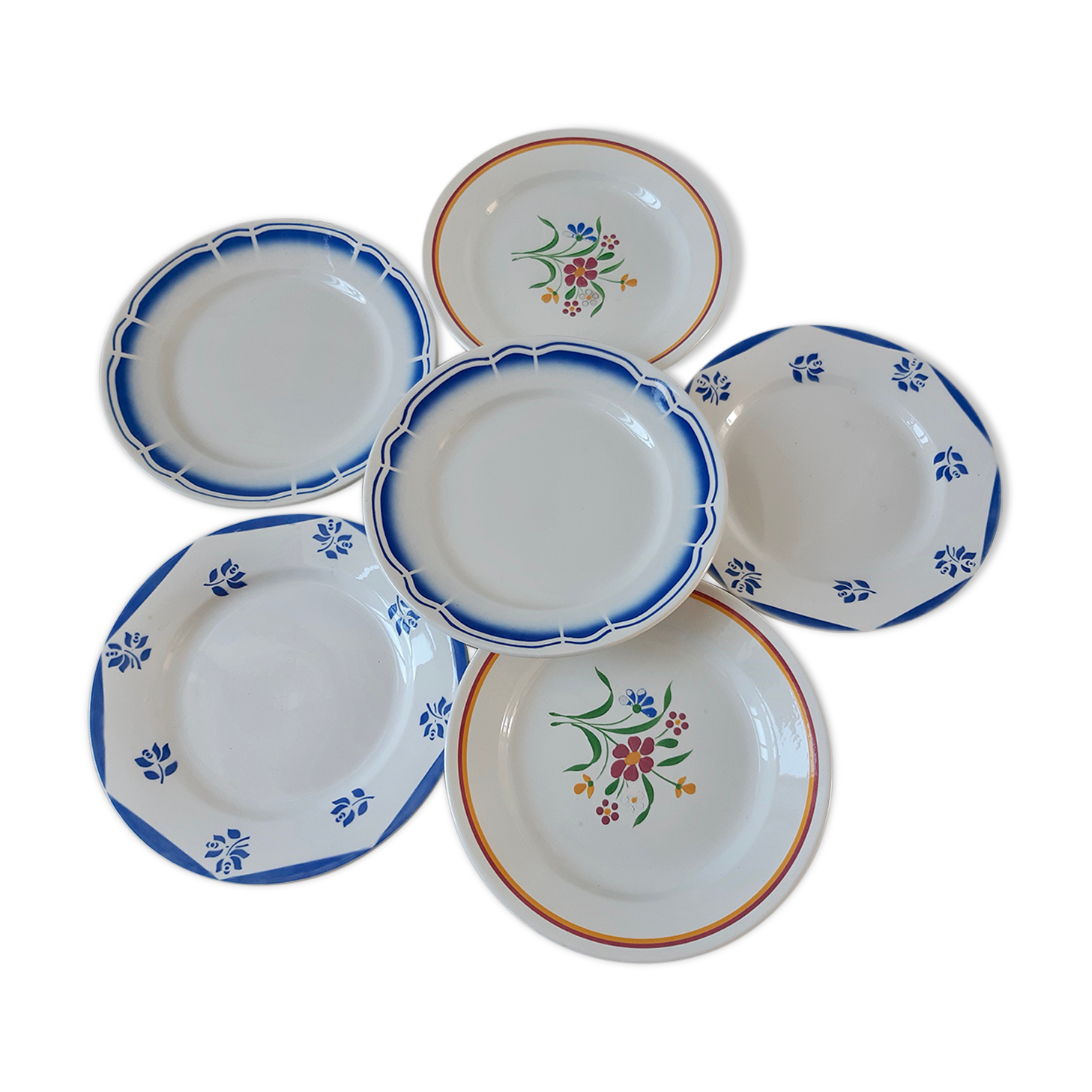 Set of 6 flat plates mismatched Digoin, Salins and Badonviller