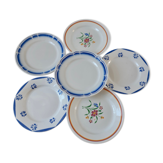 Set of 6 flat plates mismatched Digoin, Salins and Badonviller