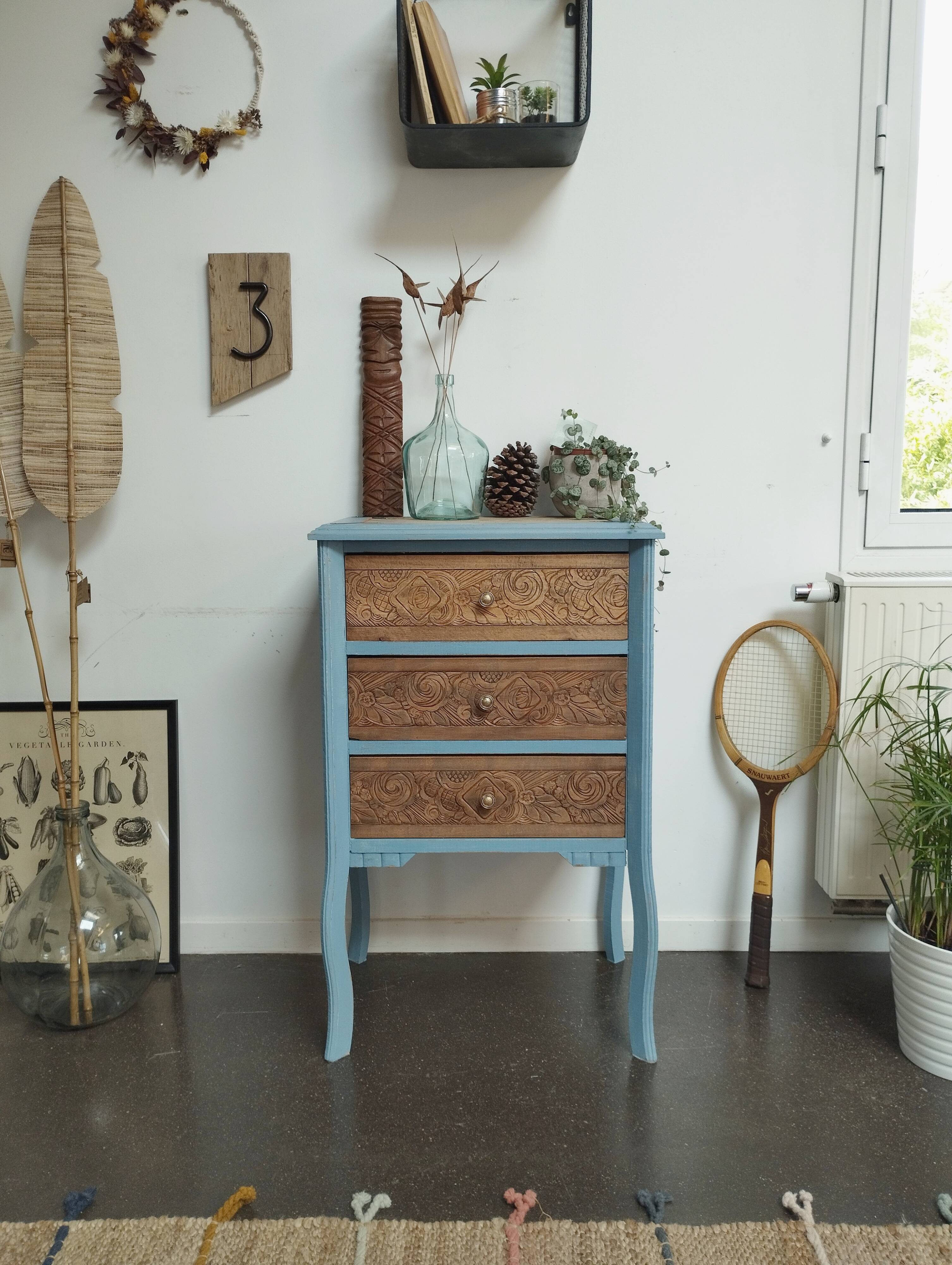 Small carved wood chest of drawers