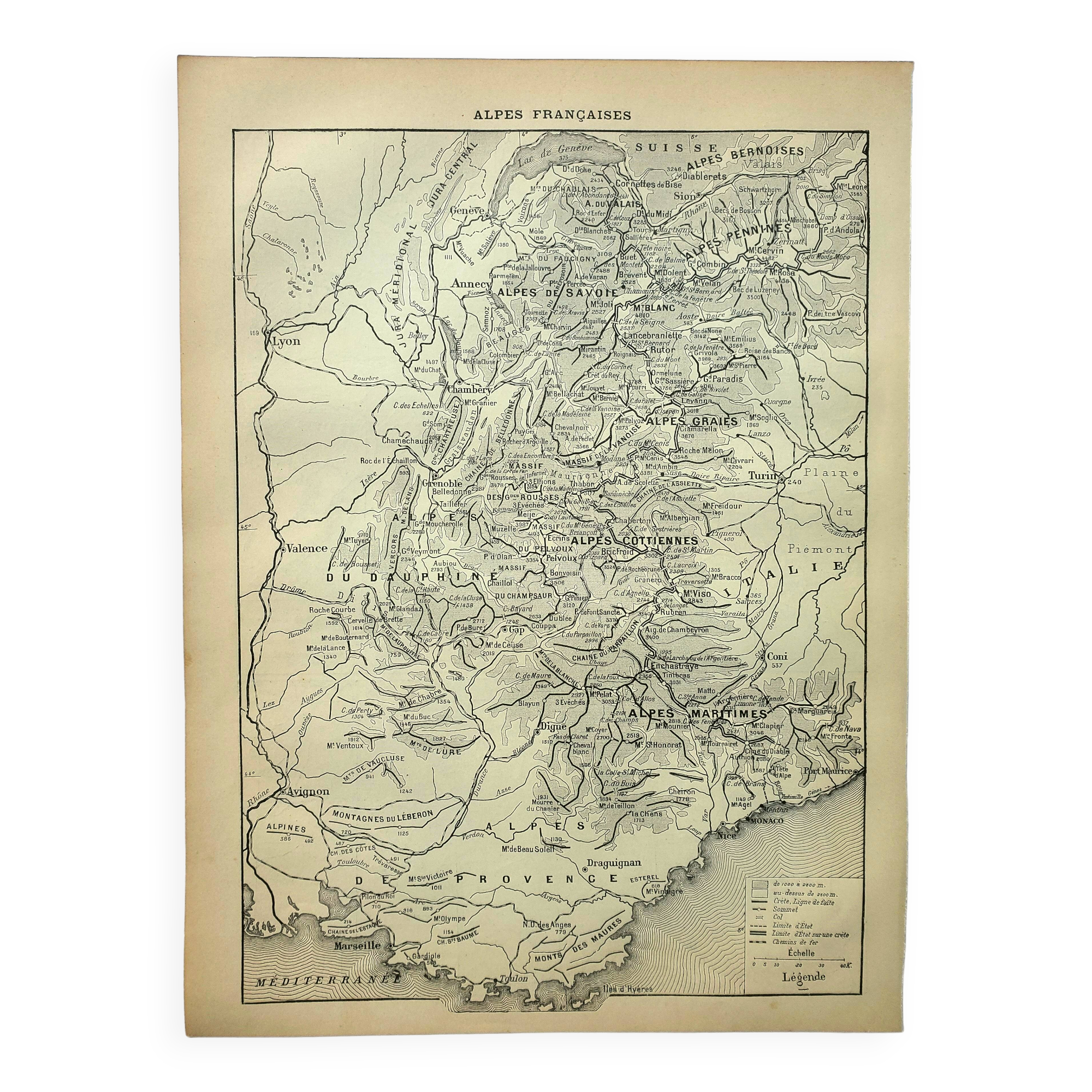 Antique engraving 1898, French Alps, map, mountain • Lithograph, original illustration