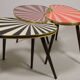 Side table, kidney-shaped, red-pink stripes, three elegant legs, 50s style