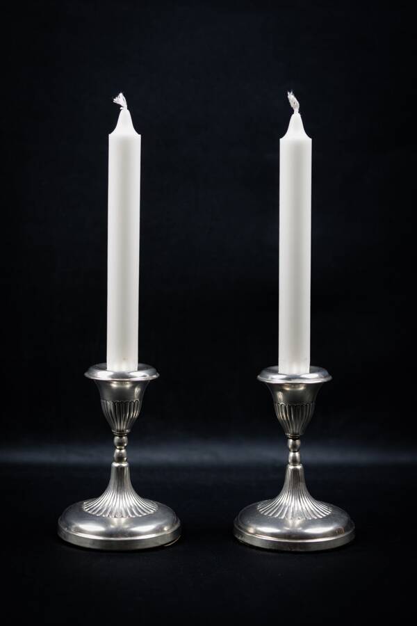 Pair of Small Antique Silver Metal Candlesticks - Fluted Base