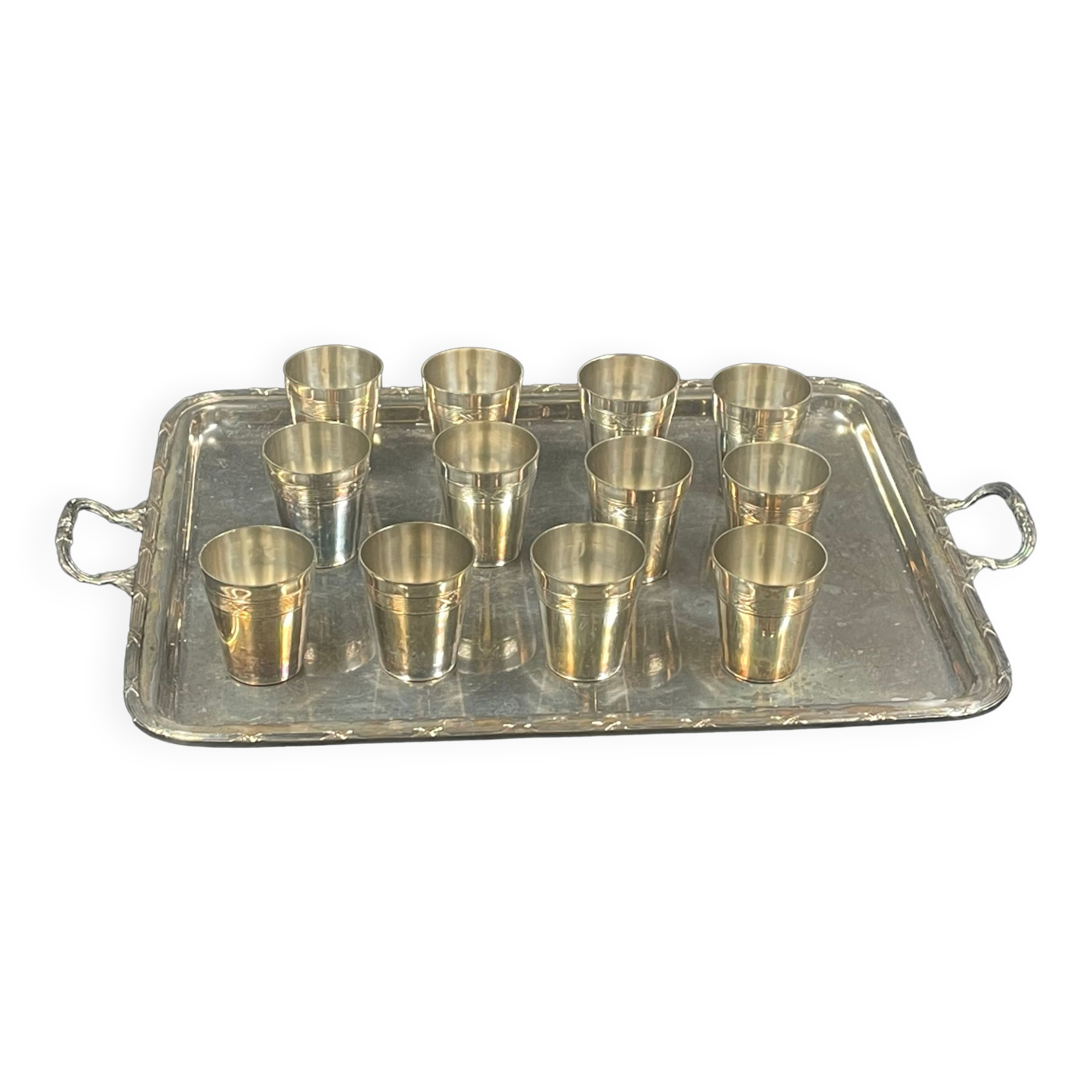 12 cups with silver metal tray