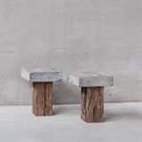 Pair of wooden and stone side tables