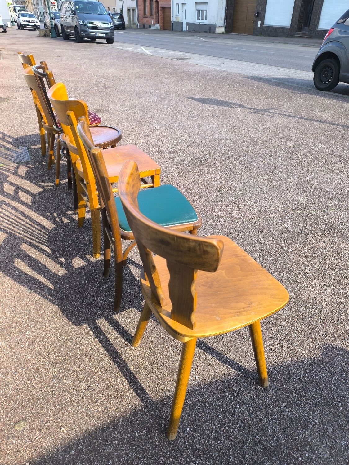 Set of 6 mismatched vintage wooden bistro chairs