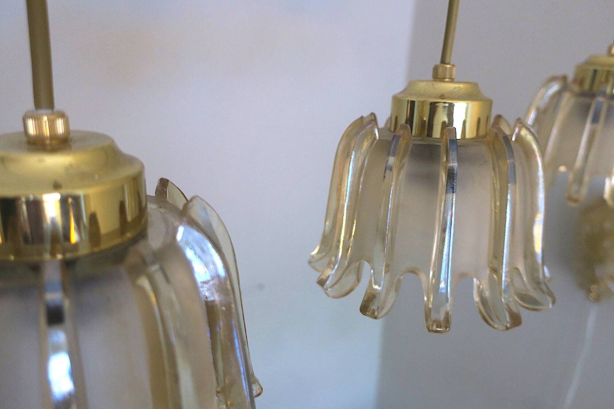 Set of 5 Doria  pendant lights in brass and amber-coloured glass, 1960s