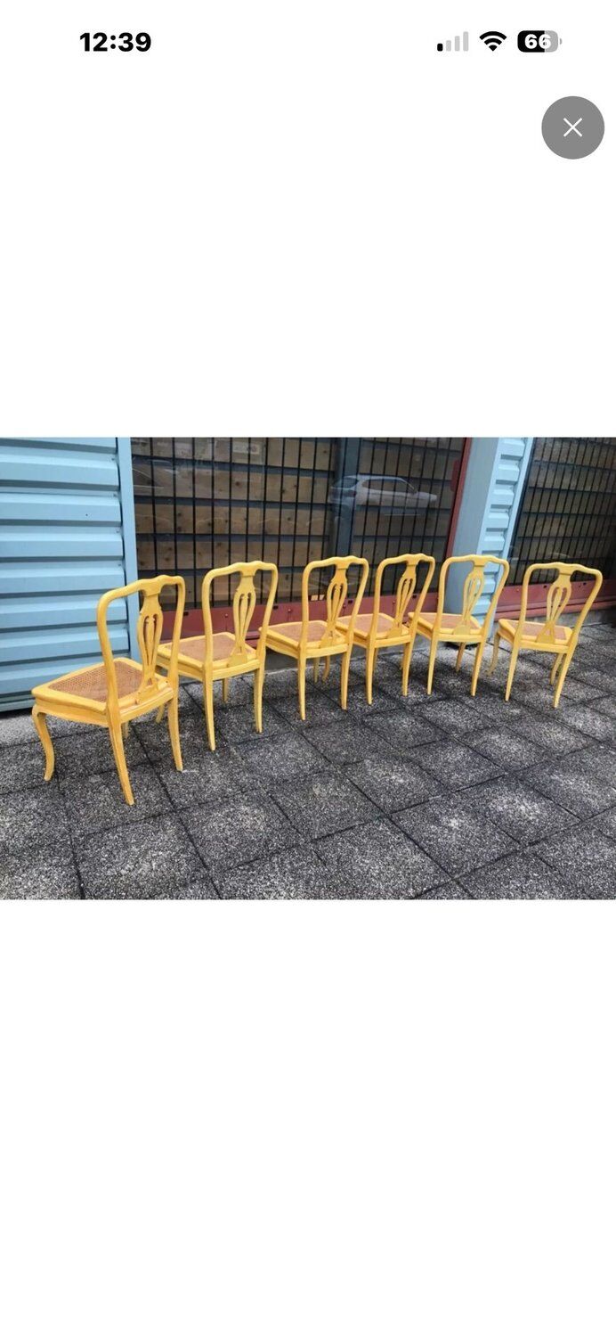 Set of 6 Cane Chairs in Provençal Louis XV Style Pale Yellow Wood