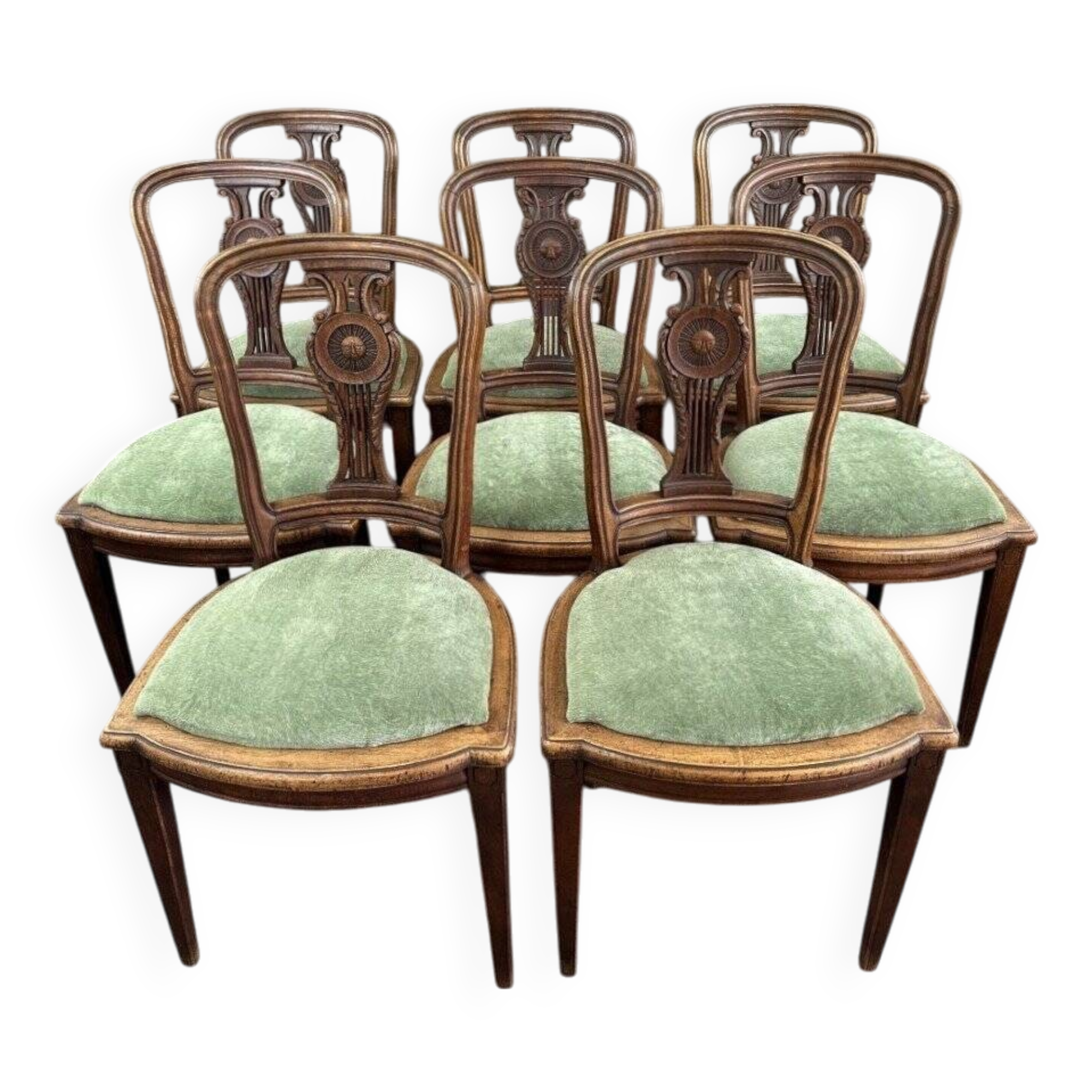 8 Vintage Wooden Chairs With Green Velvet Seat 20th Century