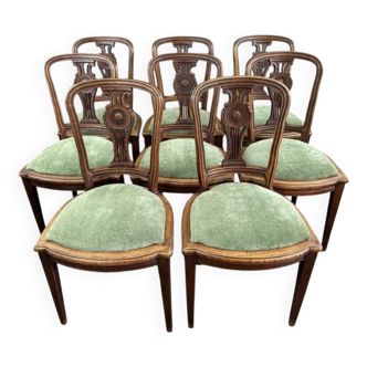 8 chaises vintage en bois et en velours vert, XXème siècle