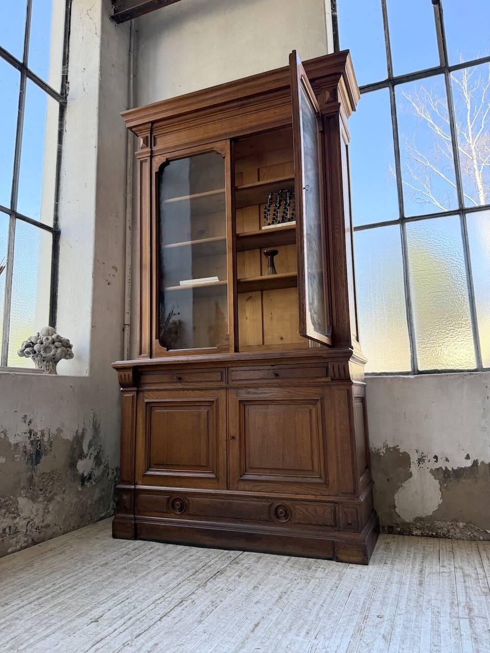 Antique XL Napoleonic oak glass bookcase, 19th century