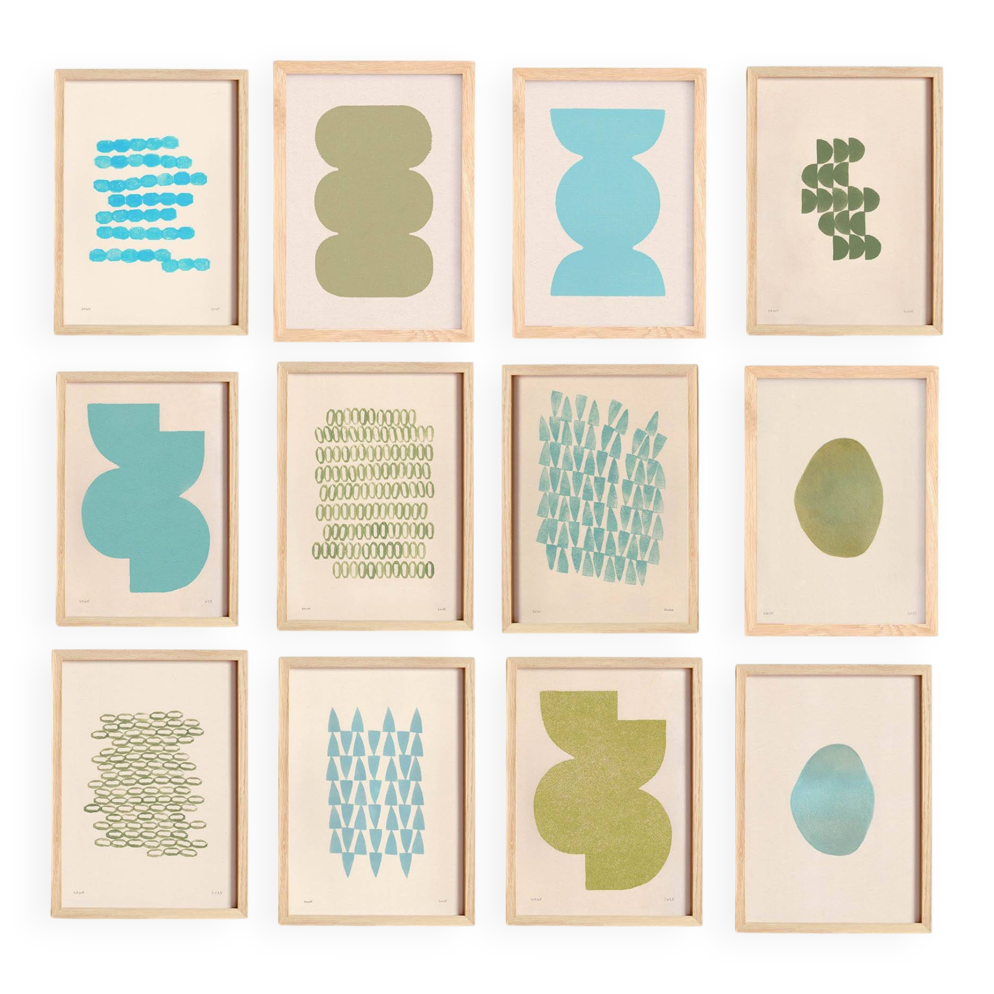 Collection of 12 framed paintings on paper, cool colours.