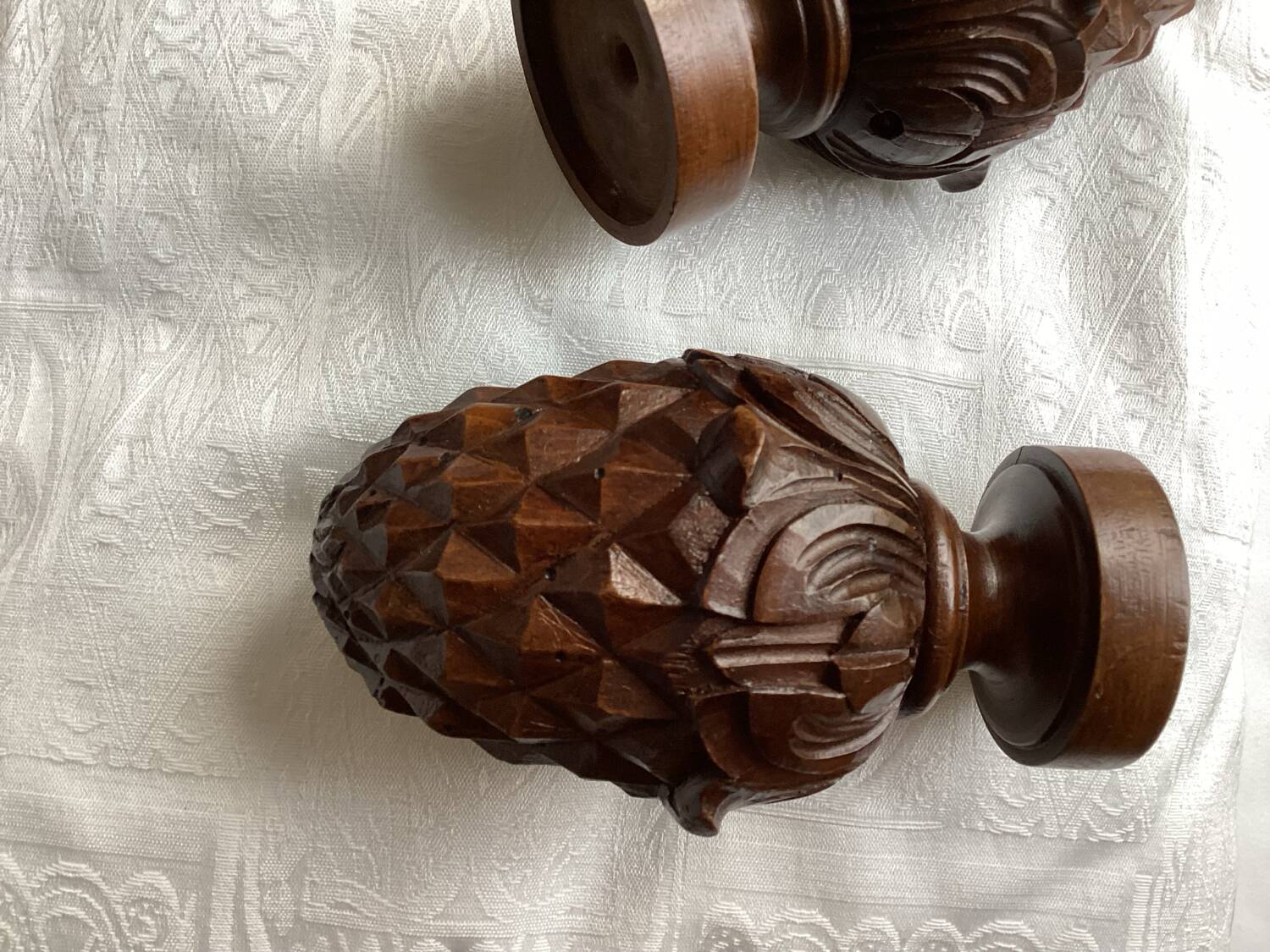 Set of 2 old pine cone shaped wooden tips