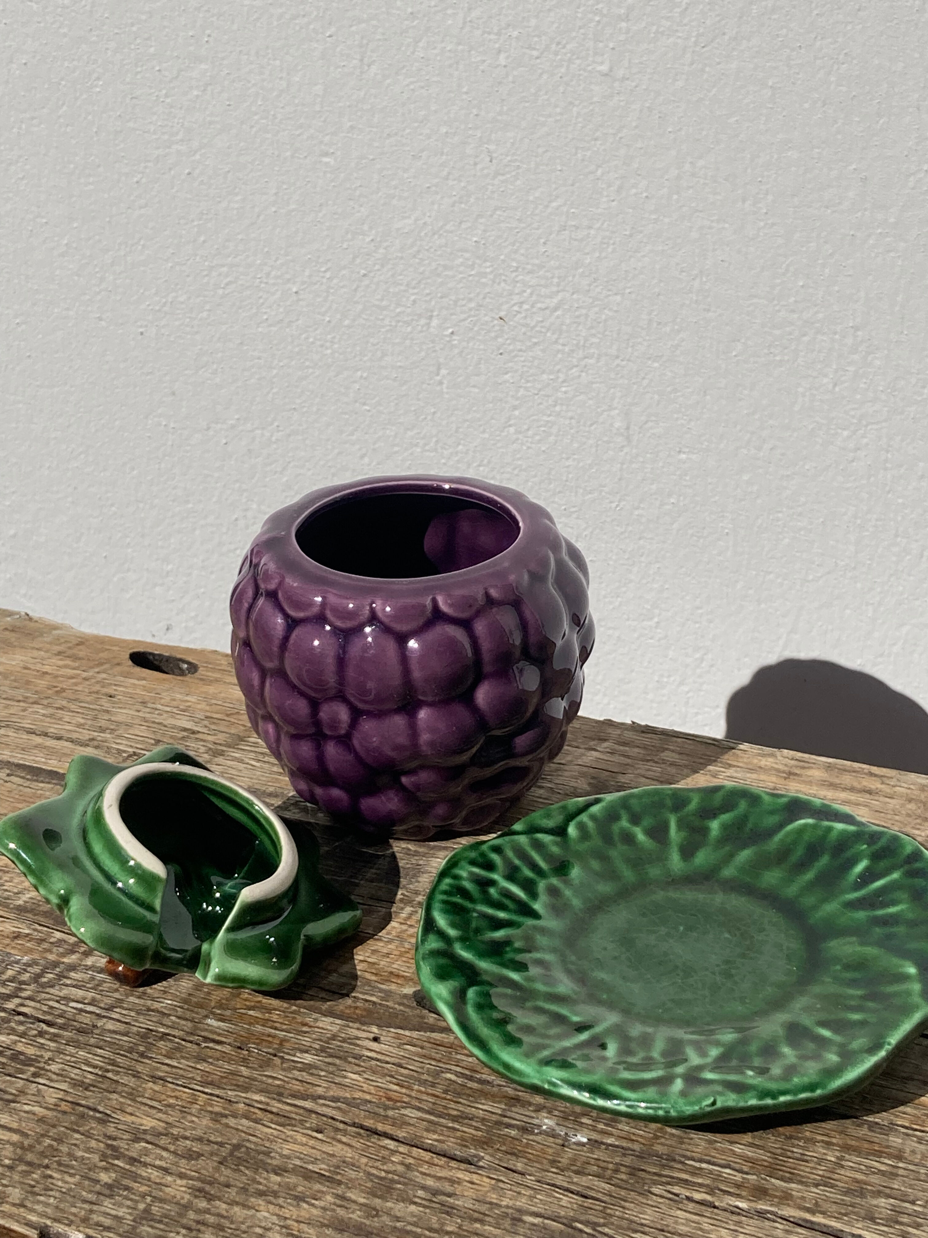 Sweet in Grape Slip or vintage jam maker, green and purple earthenware ceramics
