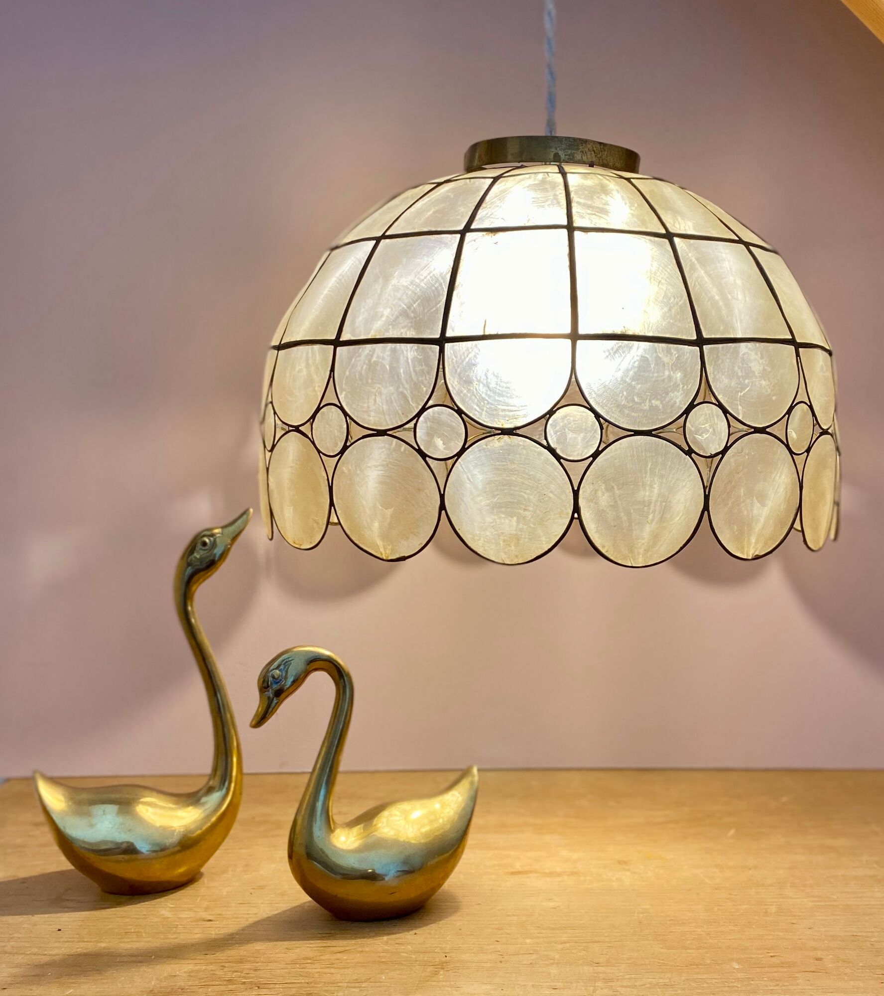 Vintage XXML lampshade pendant lamp in mother-of-pearl and brass