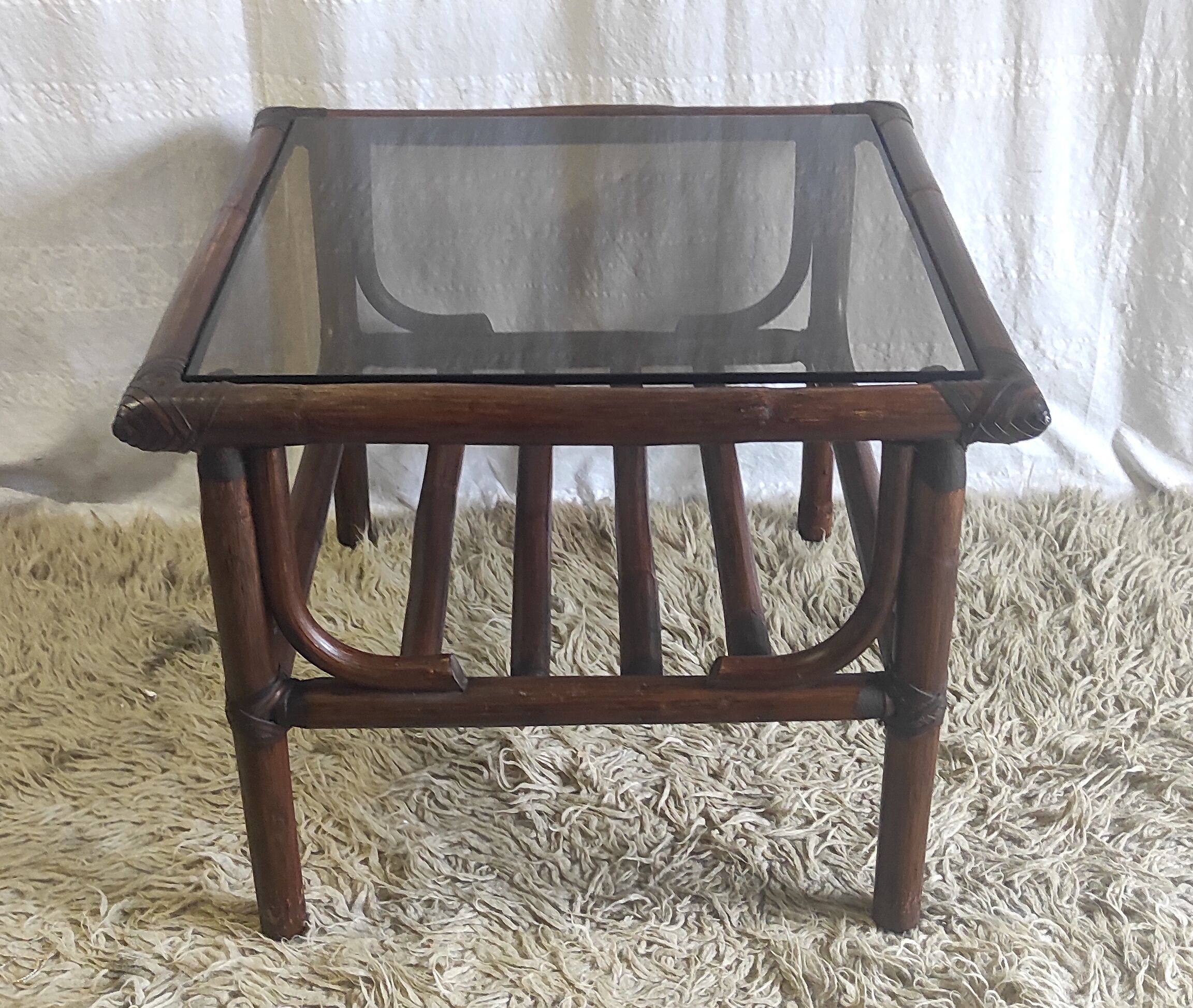 Rattan coffee table and smoked glass 60-70s