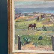 Original Swedish Oil on Canvas – "Coastal Scene with Horses" by Georg Lodström – Signed – 1947 – Framed – 77 × 66 cm