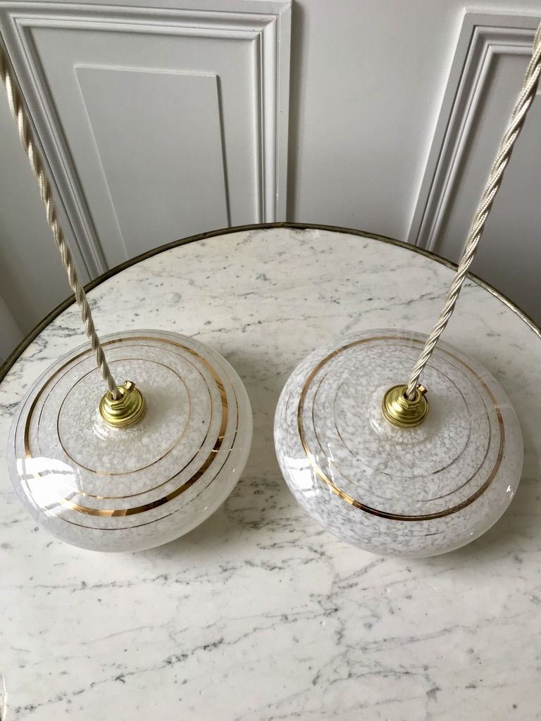 Pair of suspensions in white Clichy glass and golden edging 40s-50s