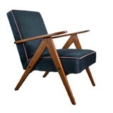 Chaise compas restaurée, tissu jaune canari, fil rose, teck, 1960