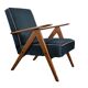 Chaise compas restaurée, tissu jaune canari, fil rose, teck, 1960