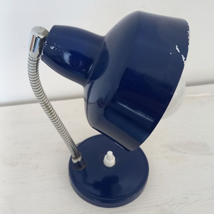 Flexible bedside lamp in blue lacquered sheet metal and stainless steel, 70s.