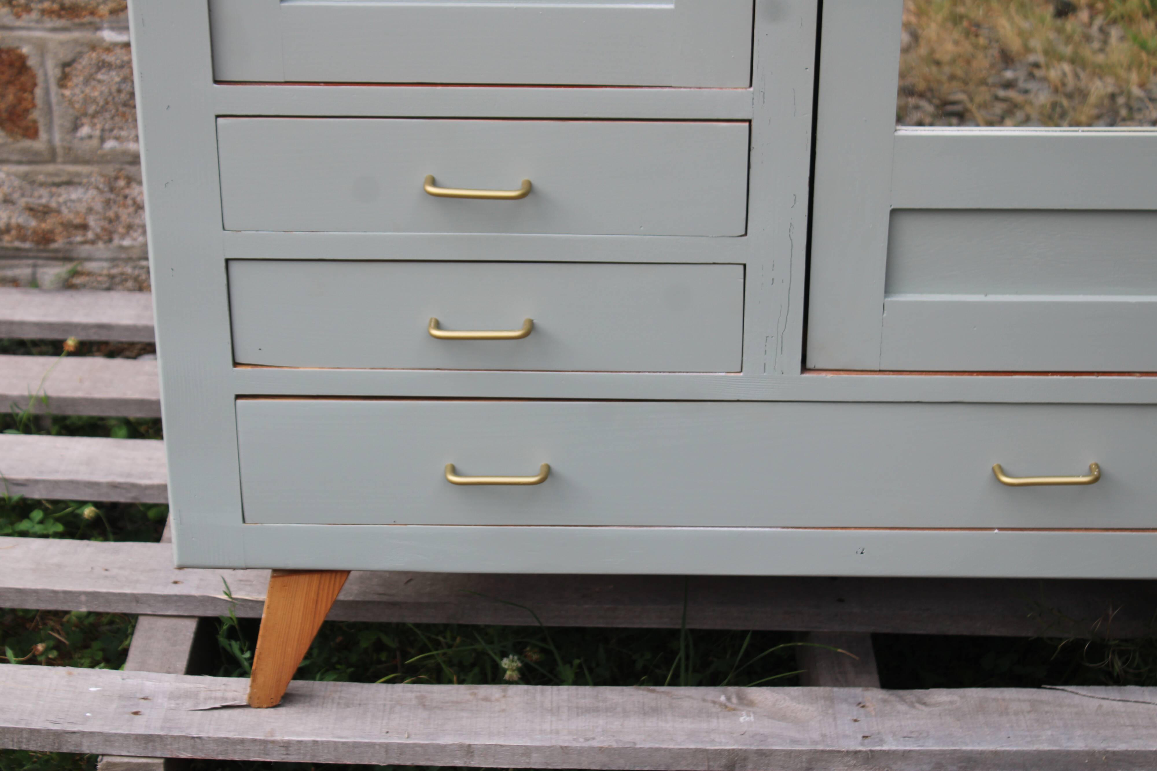 Vintage Parisian wardrobe in sage green – Mirror, hanging space and drawers