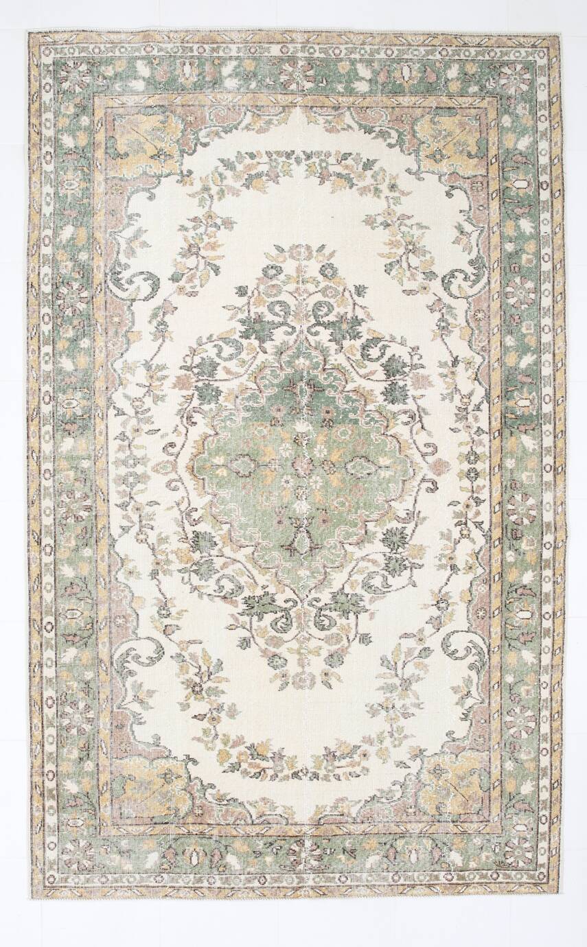 6x10 Beige & Green Geometric Pattern Anatolian Vintage Rug, 185x296 Cm