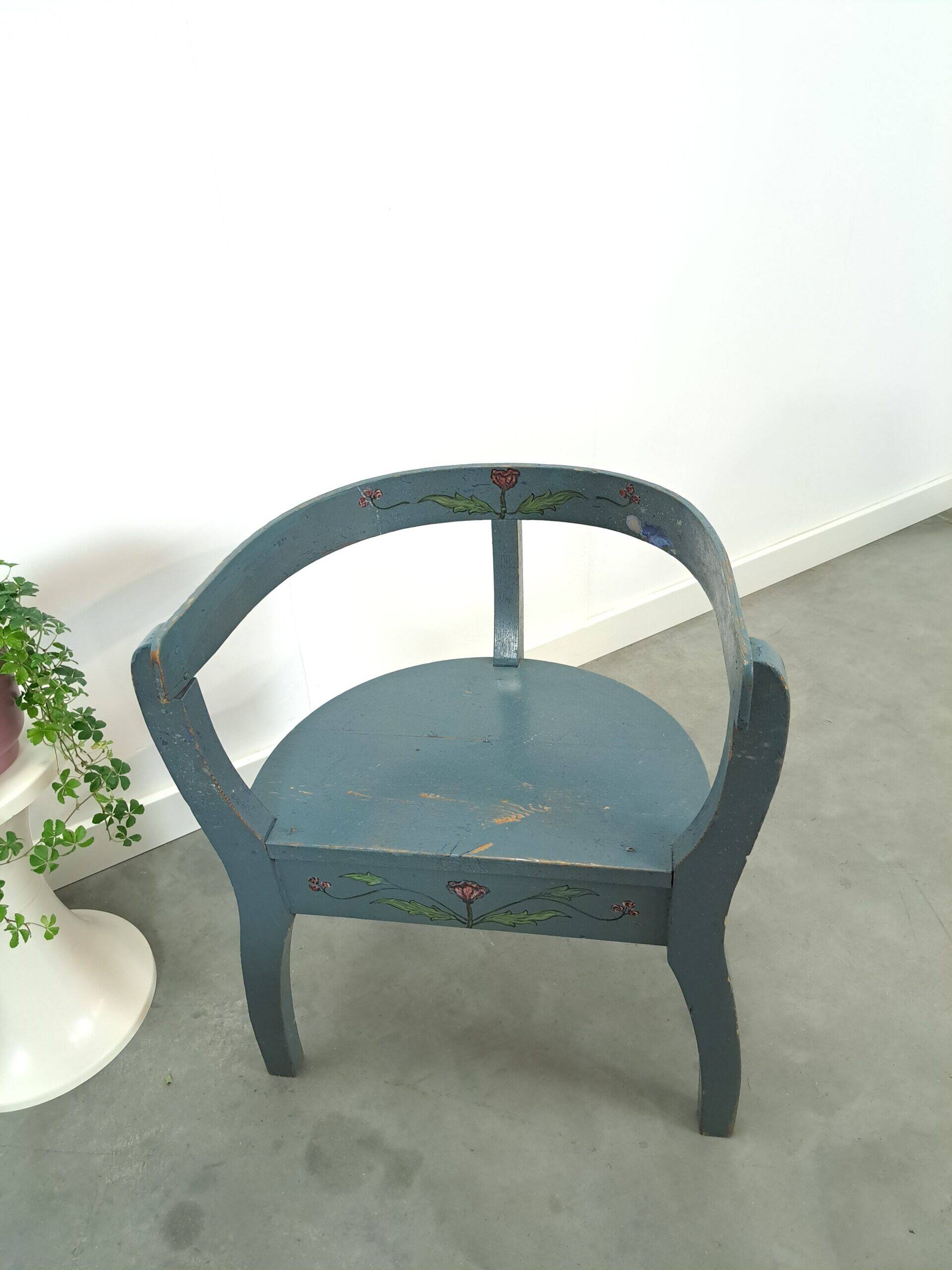 Old wooden blue set of chairs with flowers from Sweden