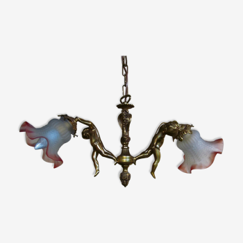 Lustre vintage français bronze 2 chérubins putti 2  signé Mathieu