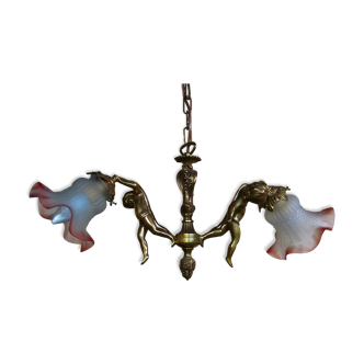 Lustre vintage français bronze 2 chérubins putti 2  signé Mathieu