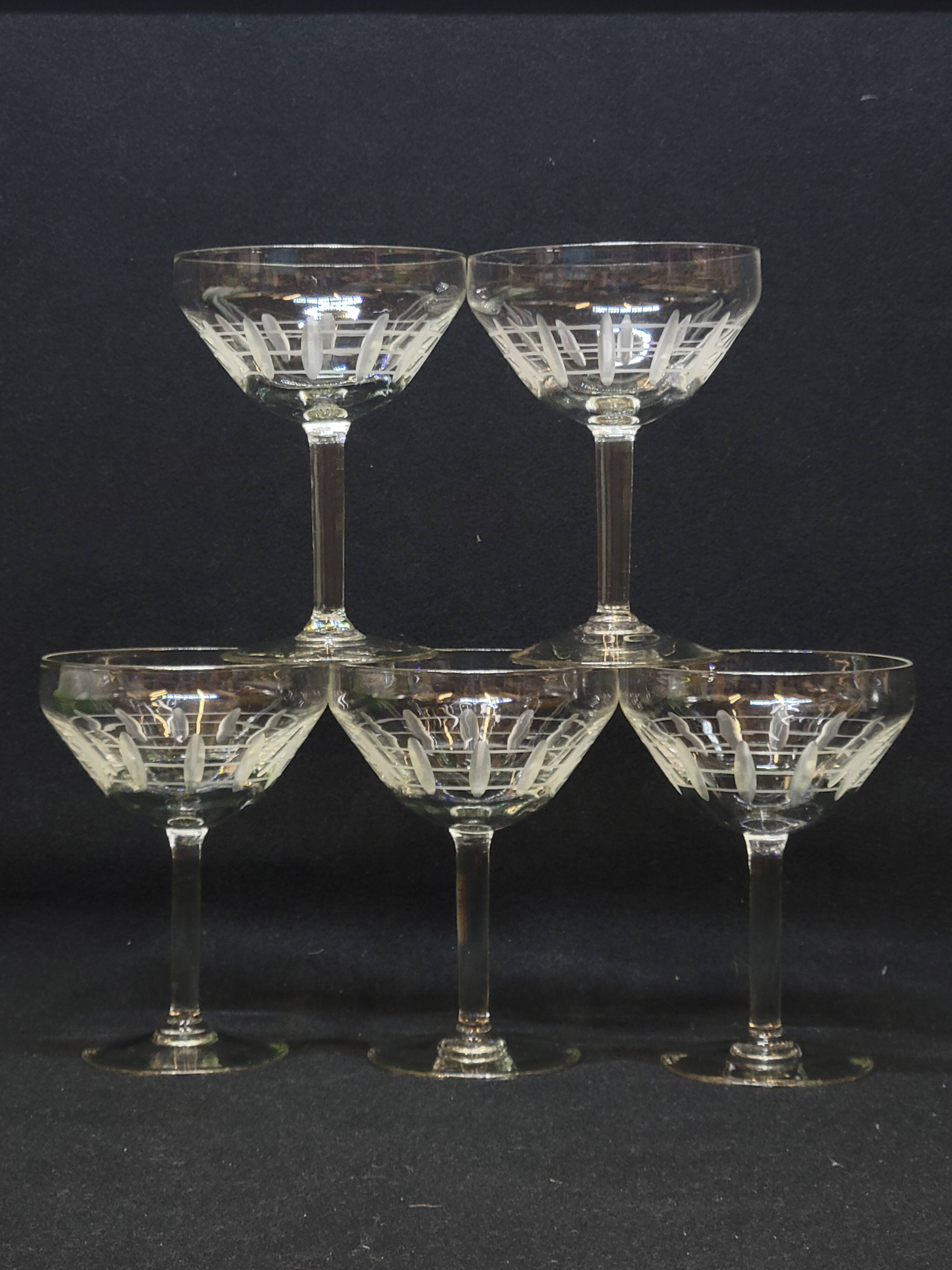 5 Antique Art Deco Palmette Cut Crystal Champagne Glasses